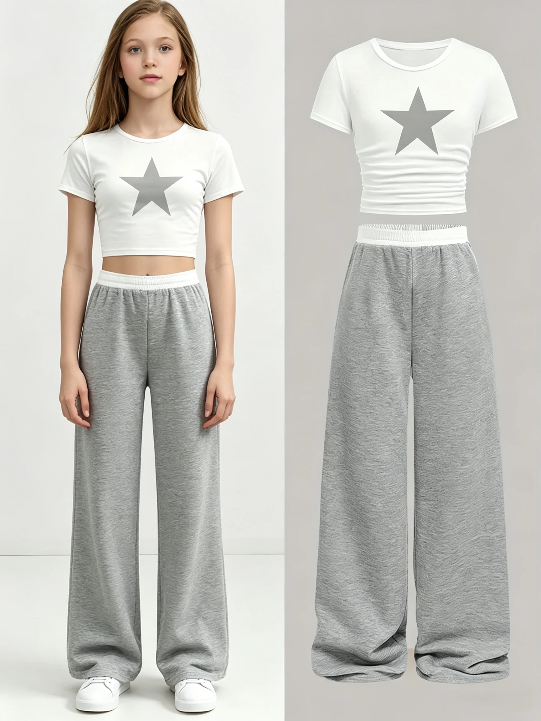 Sommer- und Herbst-Freizeitoutfit für Mädchen: Weißes Kurzarm-T-Shirt + Weite Lange Hose, Zweiteiliges Set mit Sternenmuster, Kontrastfarbenem Bund, Modisch und Vielseitig, Geeignet für Kinder über 3 Jahre. – Detail 1