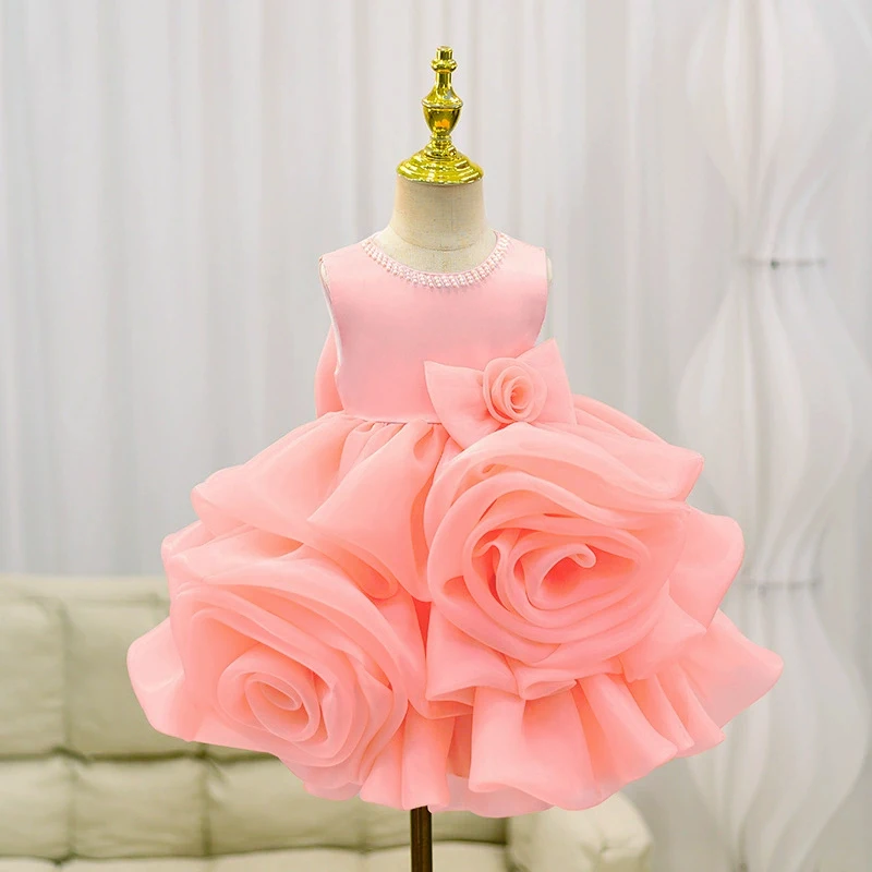 手作り女の子オーガンザボールガウンカスタマイズピンクブルーパープルアイボリーロゼット誕生日パーティードレス花プリンセス1-12歳