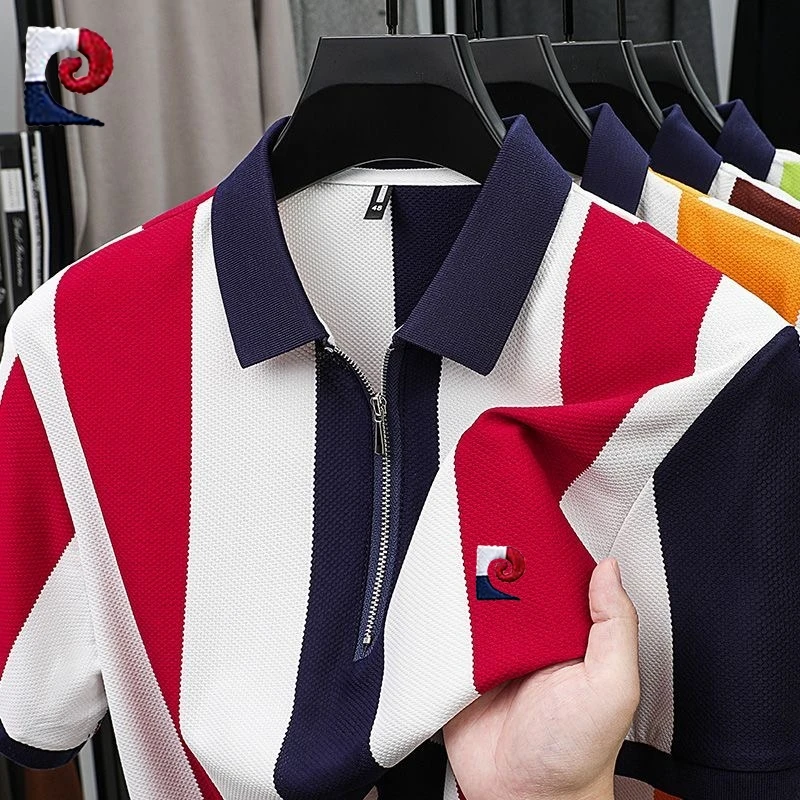 New men's high-quality striped knitted short sleeved polo shirt for summer fashion, casual