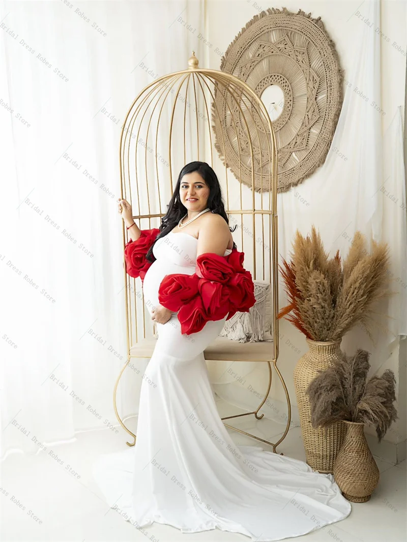 

White Women Pregnant Prom Dress For Photoshoot Red Cape Wrap 3D Flower Sexy Sleeveless Bridal Morning Robe Customized Night Gown