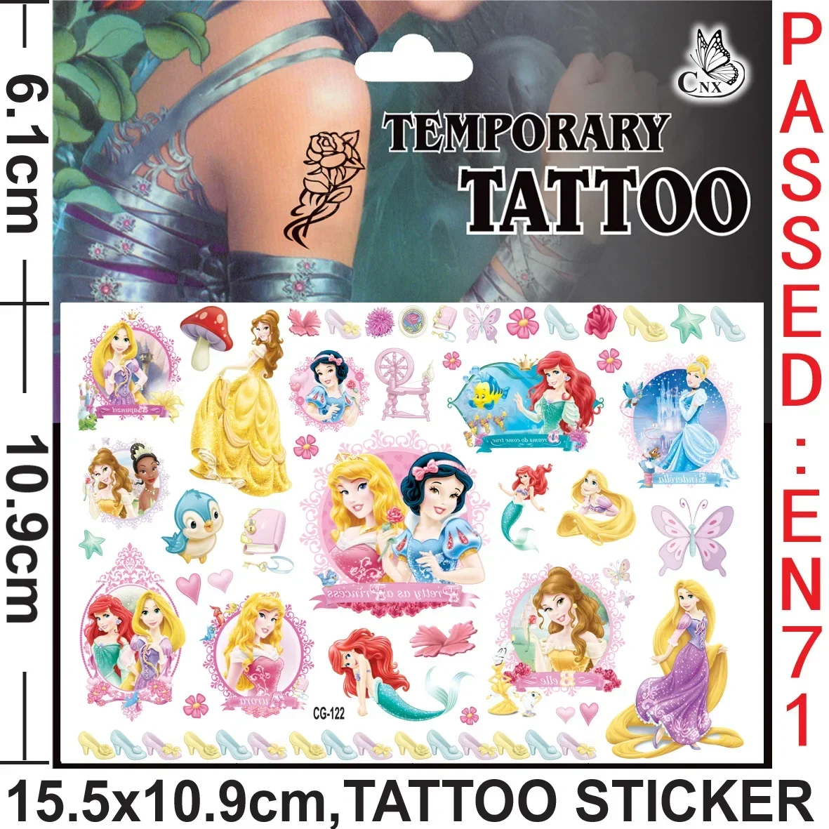 Pegatinas de tatuaje de Cenicienta Blancanieves, tatuajes temporales para niños, suministros de fiesta de cumpleaños, favores, pegatinas de tatuajes bonitas, decoración