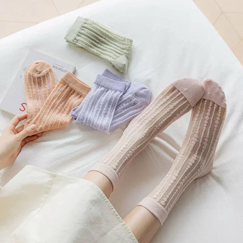 Summer Elastic Long Socks Women Casual Striped Crystal Silk Socks Hollow Out Breathable Ultra-thin Transparent Mesh Lace Socks