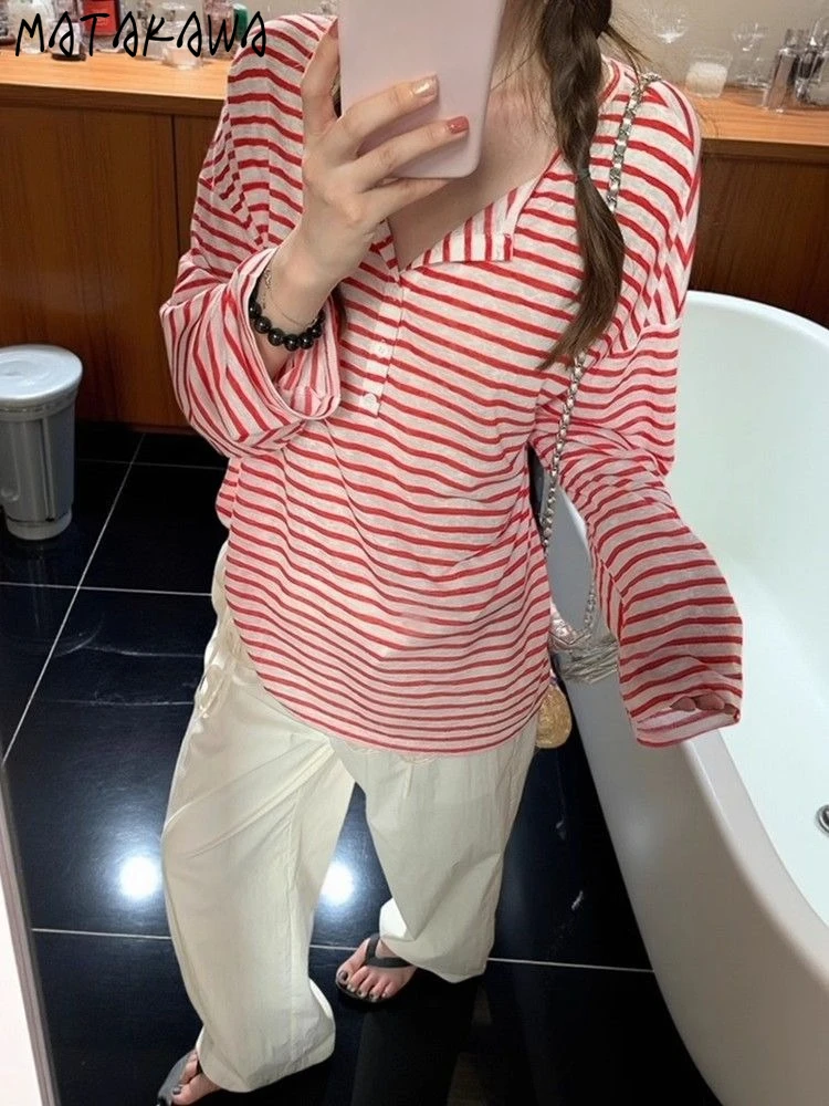 

Matakawa Y2k Stripes T Shirt for Women Spring Autumn Sunscreen Ropa De Mujer Korean Fashion Loose Casual Thin Camisetas