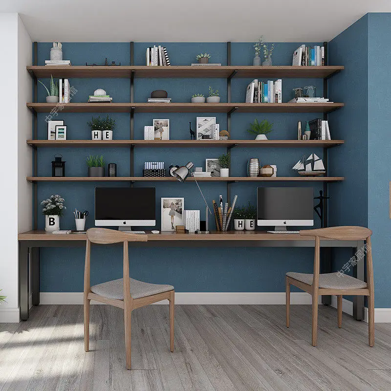 Loft solid wood desk bookshelf combination double wrought iron computer desk household simple bookcase study desk integrated tab