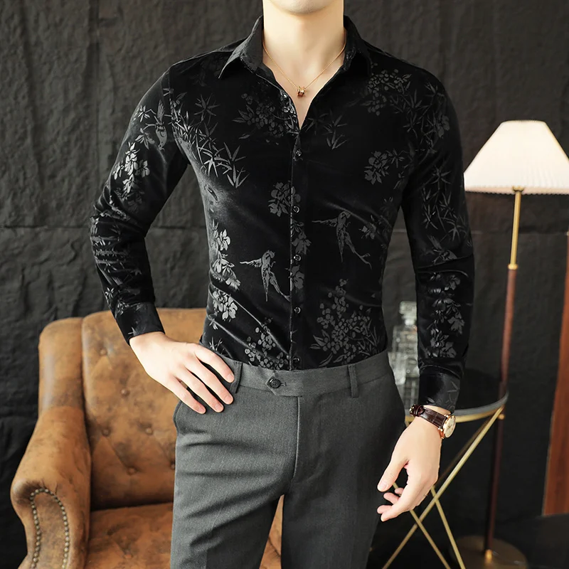 Korean Winter Velvet Shirt Men Long Sleeve Casual Shirts High Quality Elastic Business Social Office Formal Dress Shirts 2023