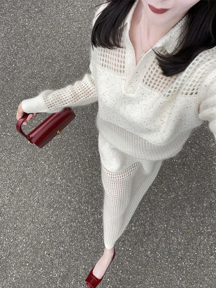 Autumn Knitted Suit Women's Winter Polo Neck Long Sleeve Hollow Out Sweater High Waist Long Skirt Fashion Two Piece Set