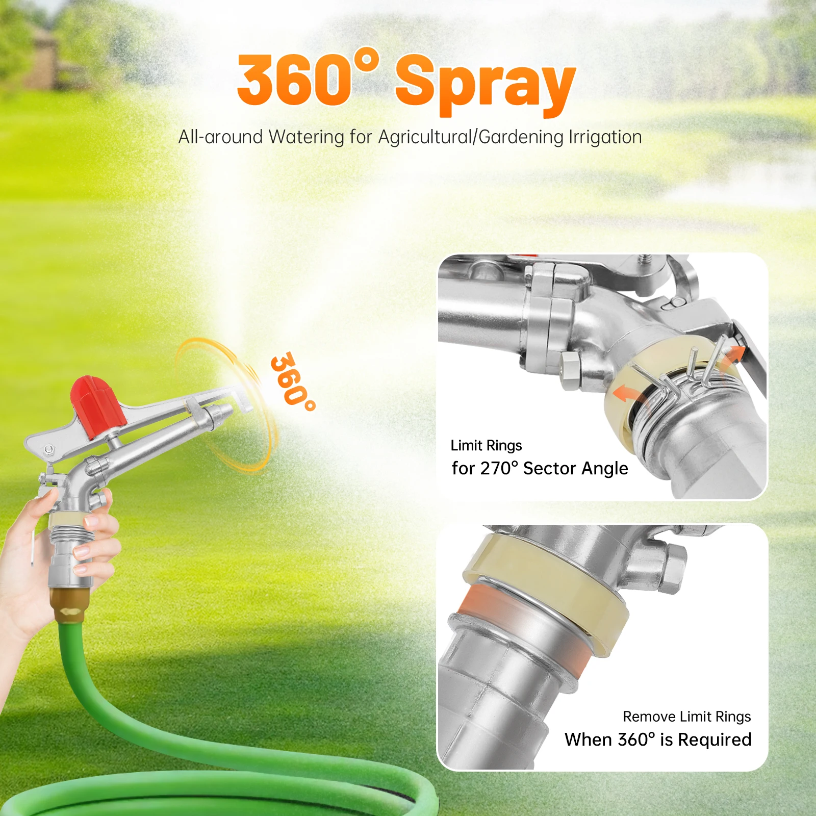 

2" 360° Adjustable Irrigation Spray Gun Sprinkler Gun Large Impact Area Water