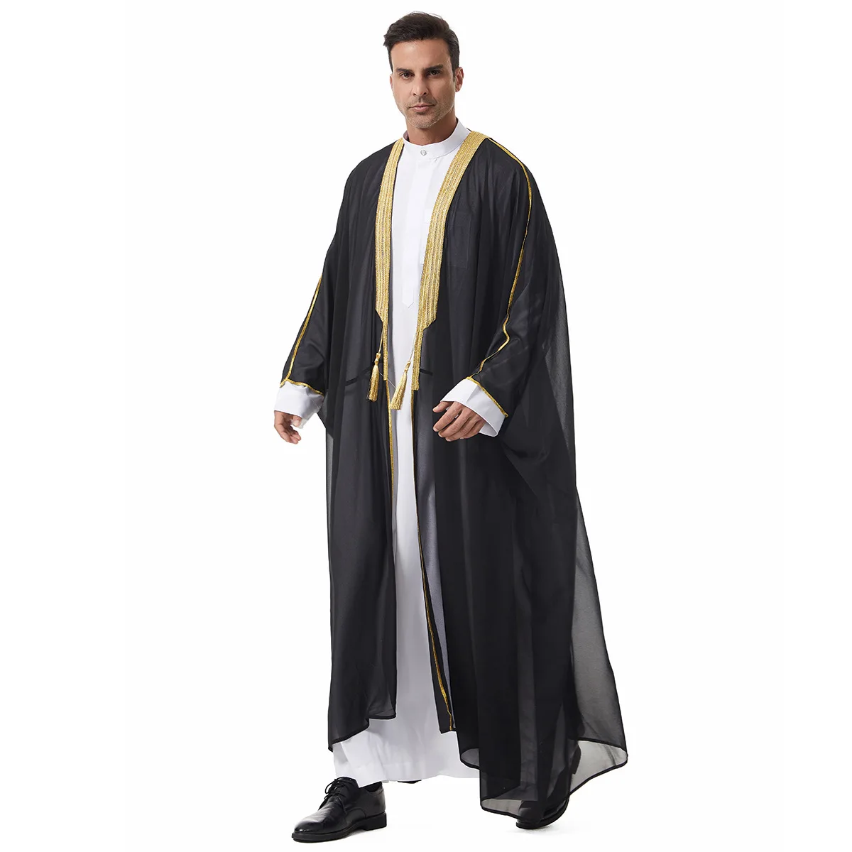 

Arab Muslim Thobe Jibbah Men Loose Cardigan Islamic Kaftan Burqa Middle East Man Clothing Bat Sleeve Robe Jubba Lightweight Gown