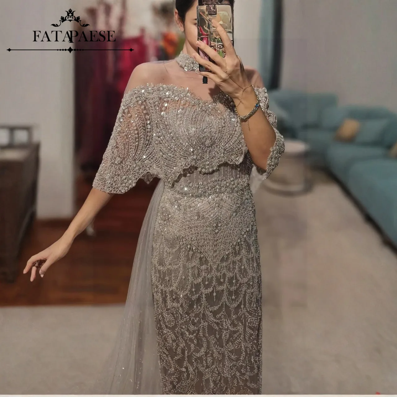FATAPAESE Kaapse Avondjurken Zilveren Kralen Stenen Galajurken Luxe Saoedi-Arabië Jurk voor Bruiloft فسات dh nami