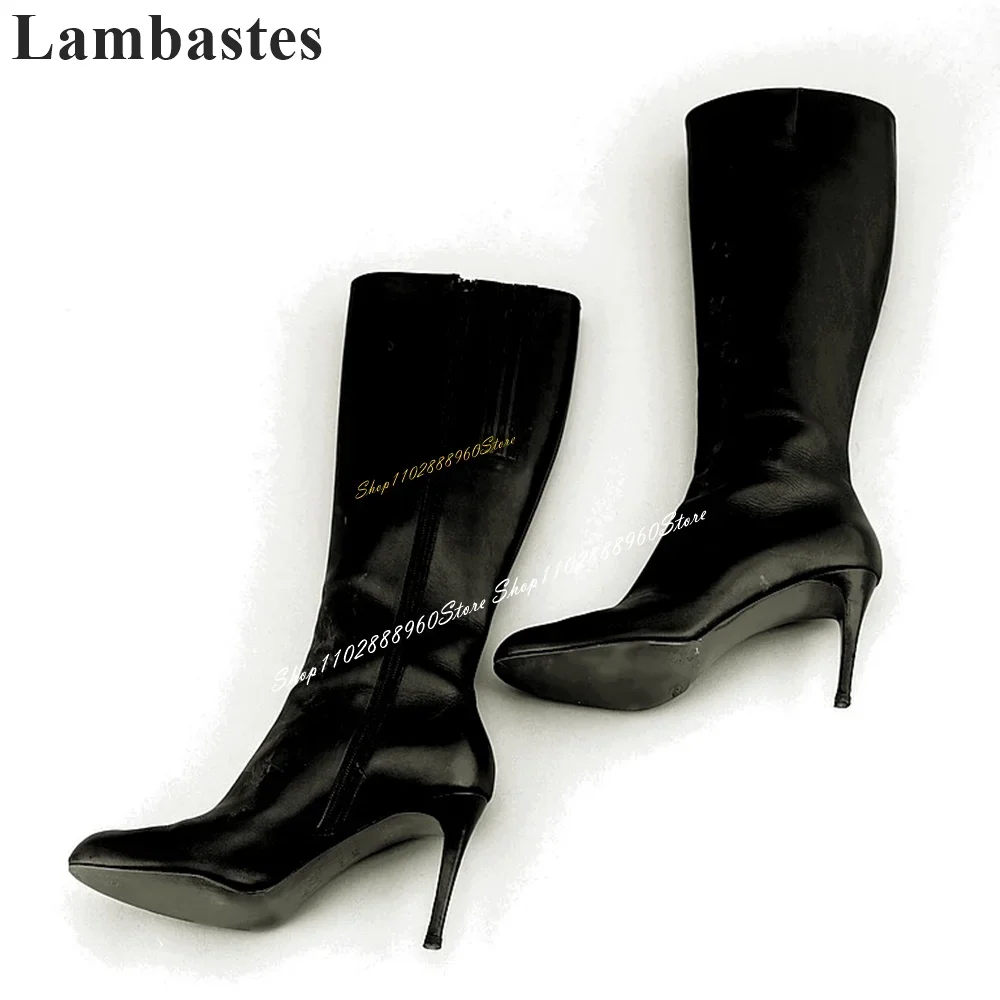 

Knee High Back Matte Leather Slim Boots Thin High Heel Shoes For Women Side Zipper Pointed Toe 2024 Fashionable Zapatillas Mujer