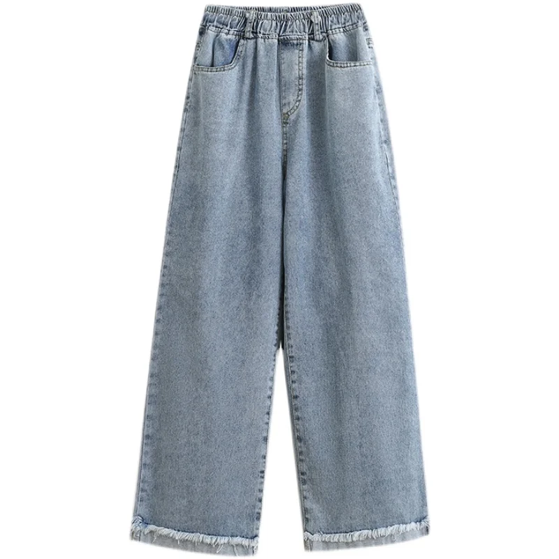 ハイウエスト ワイドレッグ ジーンズ レディース ルーズ ストレート スリミング カフ付き フロアレングス パンツ ズボン 春 レギュラー 薄手