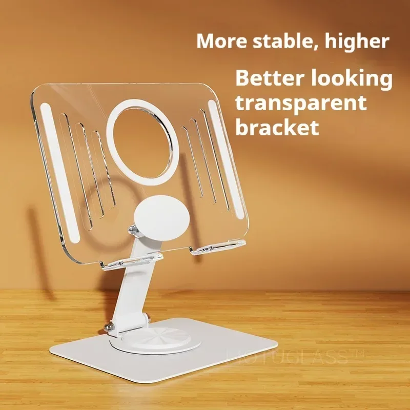 Foldable Metal Acrylic Phone Stand 360 Degree Rotating Adjustable Tablet Holder Stable Base for Desk Study and Live Streaming