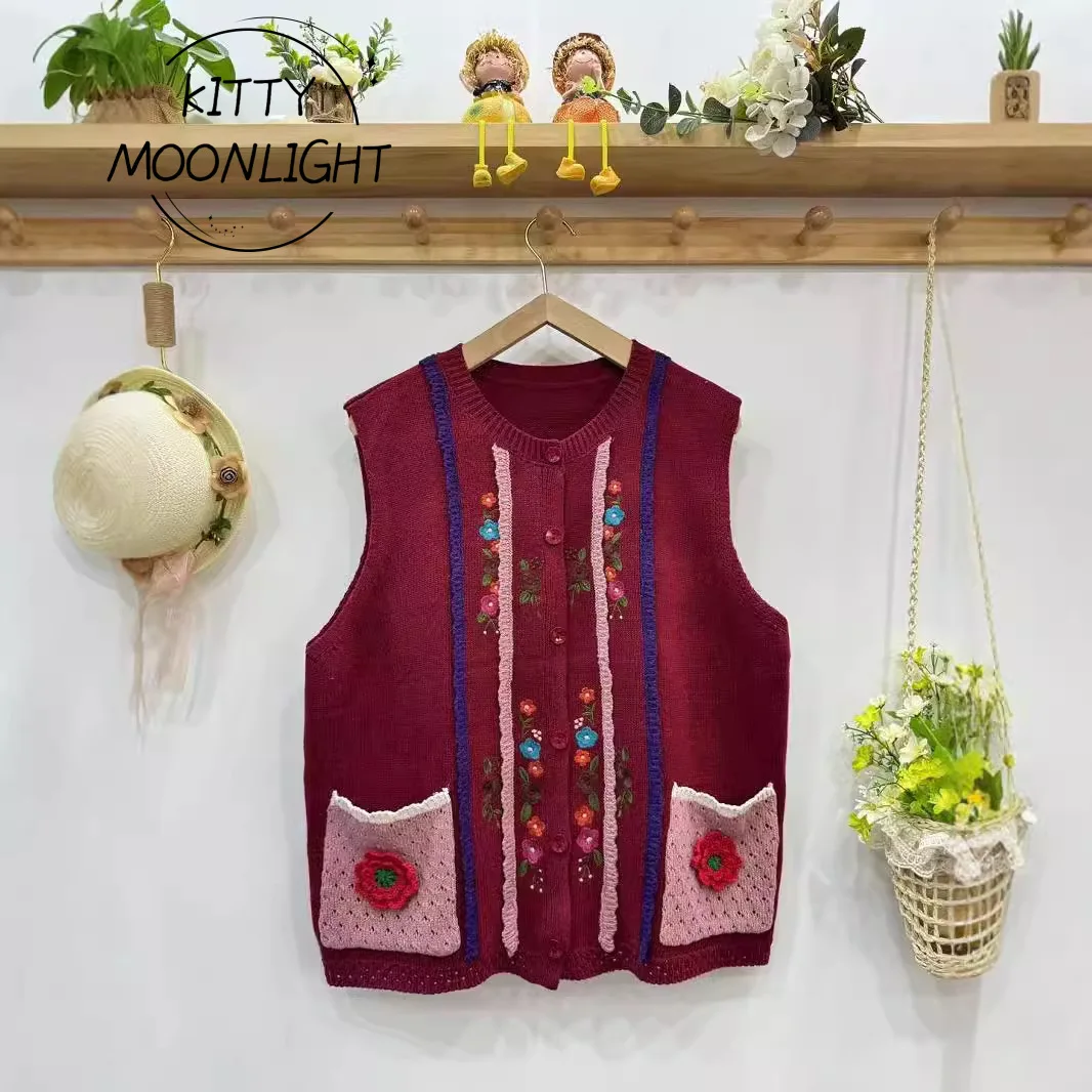 Vintage Flower Knitted Japan Style Mori Girl Sweet Embroidery Vest Women O-Neck Sleeveless Sweater Single Breasted Knitwear Tops