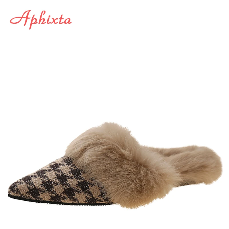 Aphixta New Warm Winter Real Rabbit Fur Plush Women Slippers Birds Furry Plaid Shoes Pointed Toe Flat Heel Hair Slides