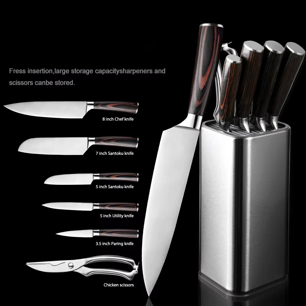 Factory Wholesale Kitchen Knife Set Imitation Damascus Pattern Professional Chef knife Set With Knife Holder, Scissor, Sharp Rod