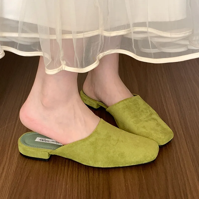 2024 Green Brand Women Slippers Square-toed Muller Shoes Lady Luxury Low Heel Outdoor Slippers Summer Fashion All-Match Slides