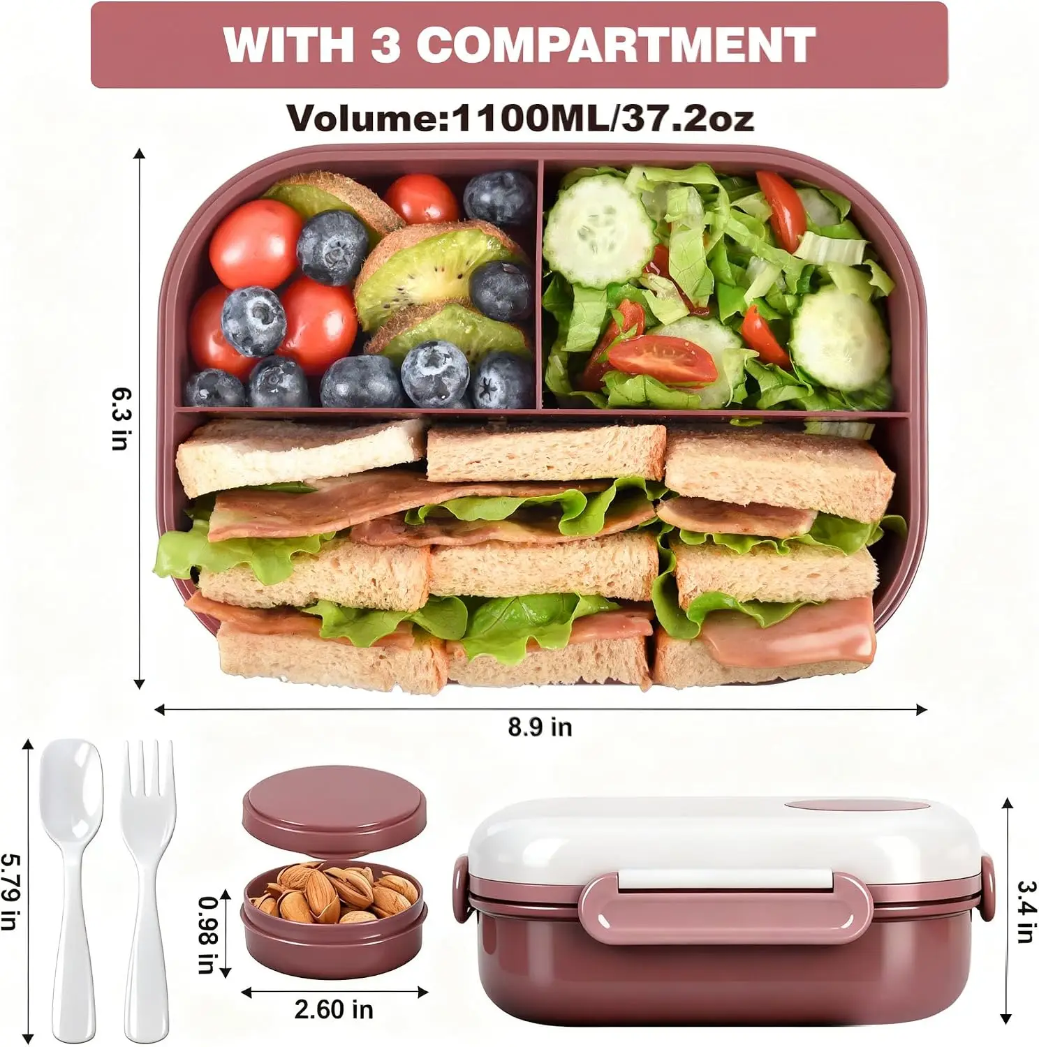 3-Compartment Bento Lunch Box Leak-Proof 37.2oz with Insulated Bag, Utensils & Sauce Container, BPA-Free, Microwave & Dishwasher Safe for School Work Travel - view 3
