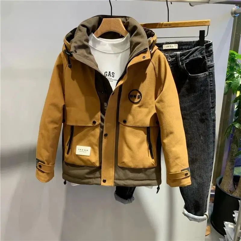 

Trendy Winter Men's Jaet Hooded Thiened Cotton Coat Contrast Color Blo Slim Fit Youth Anti-Cold Retro Sle Zipper Closure