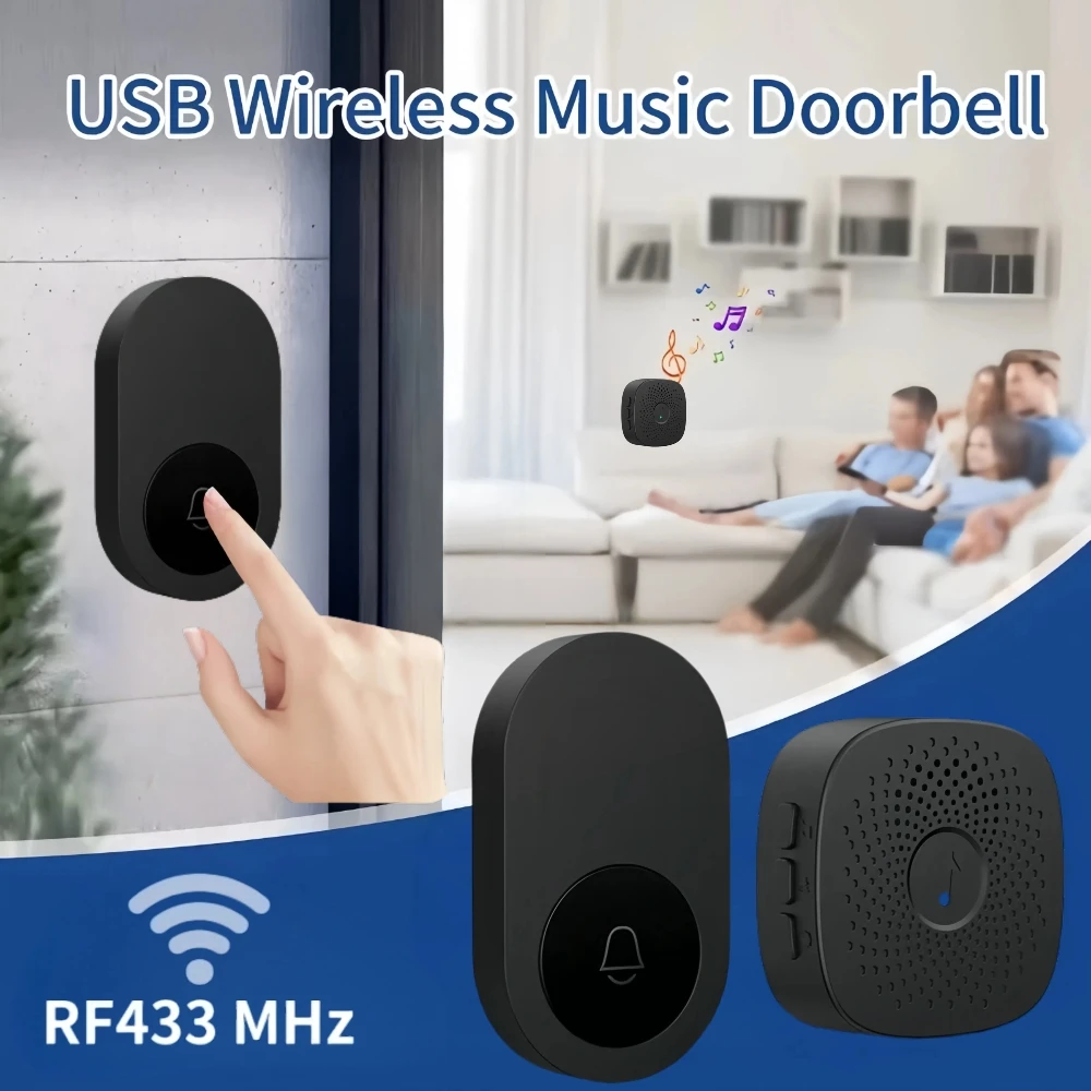 USB Wireless Doorbell DC 5V RF433 MHz Remote Control Receiver USB Smart Door Bell 38 Music For Home Bed Call Emergent Call