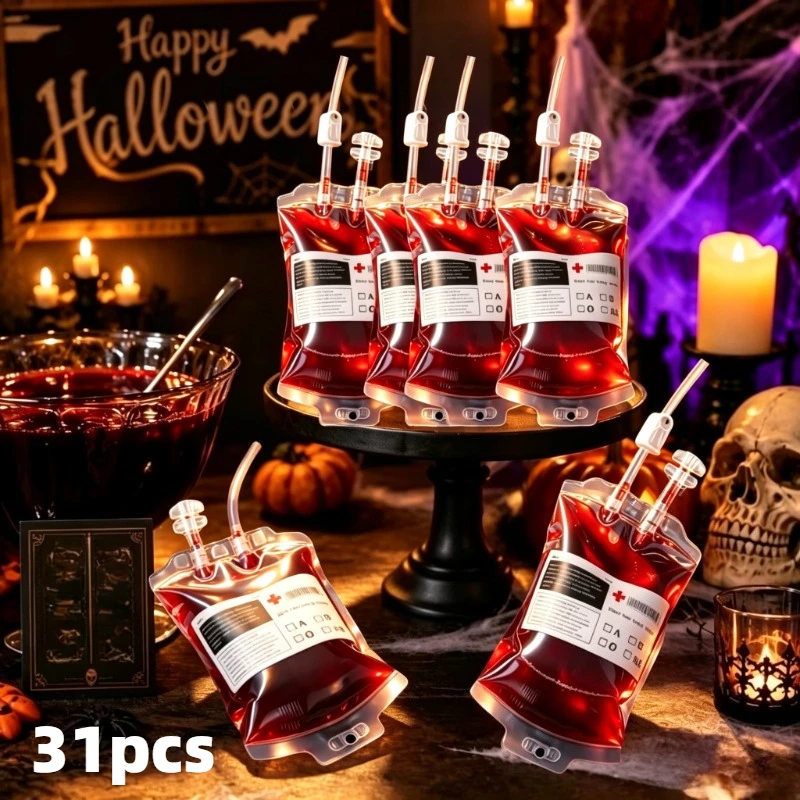 31pcs Reusable Halloween Blood Bag Vampire Zombie Party Decoration,Horror Halloween Party Supplies,Cosplay Makeup Props