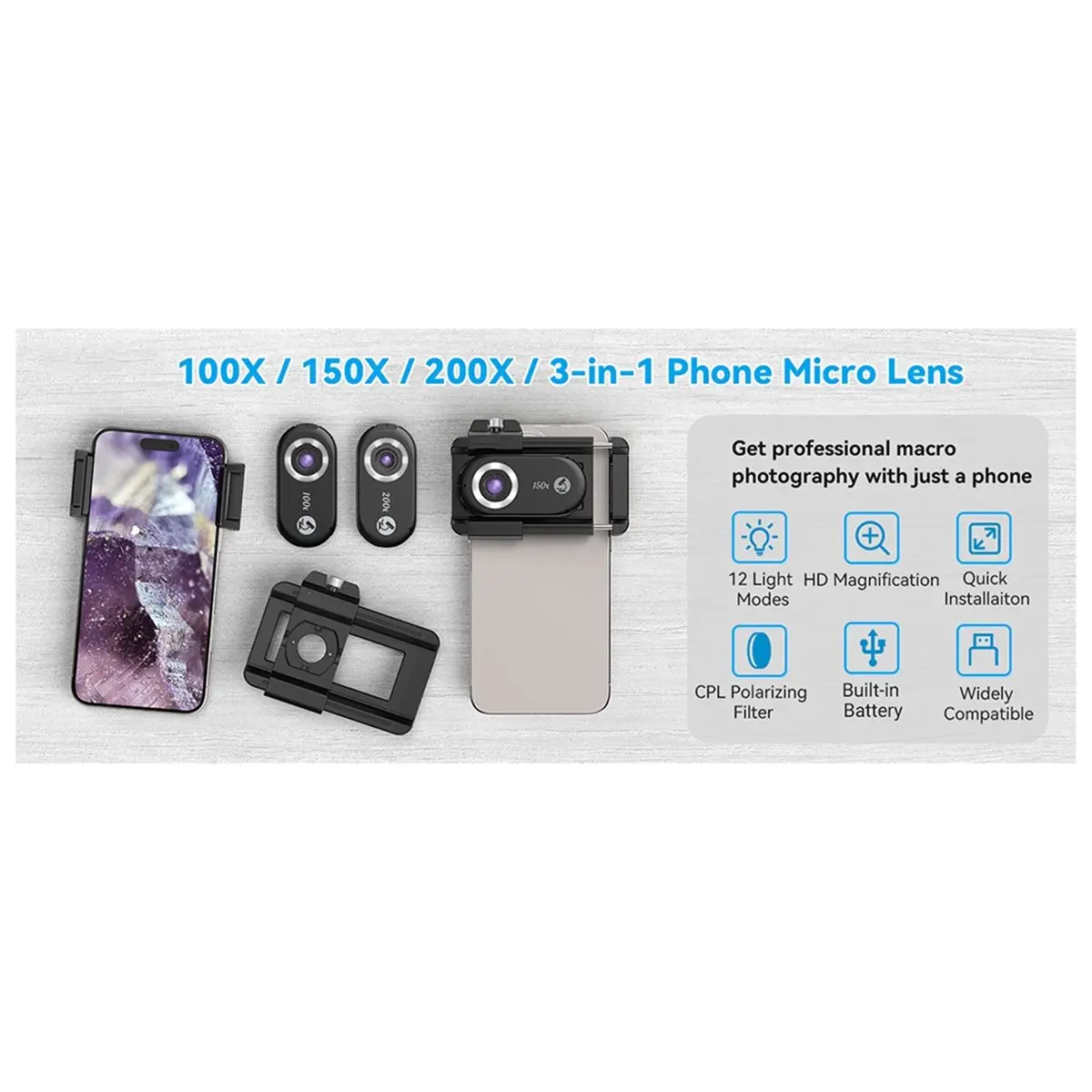 DT81 3-in-1 Phone Microscope Lens 100X/150X/200X with LED Light for Android/for IPhone