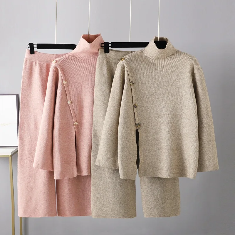 

Lazy Stylish Winter Knitted Pullovers with Split Women's High Collar 2024 New Autumn and Sweater Pants Two-piece Set T677