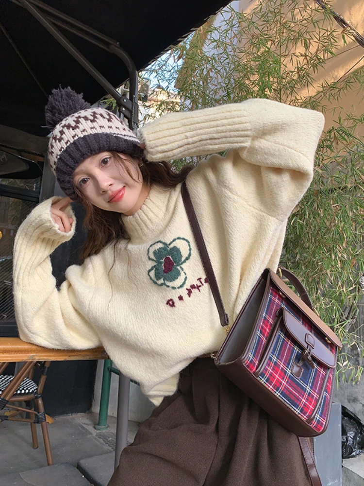 

Korean Lazy Style Women's Knitwear Long Sleeve Pullover Sweet Hook Flower Design Warm Winter Sweater Fashionable for Ladies