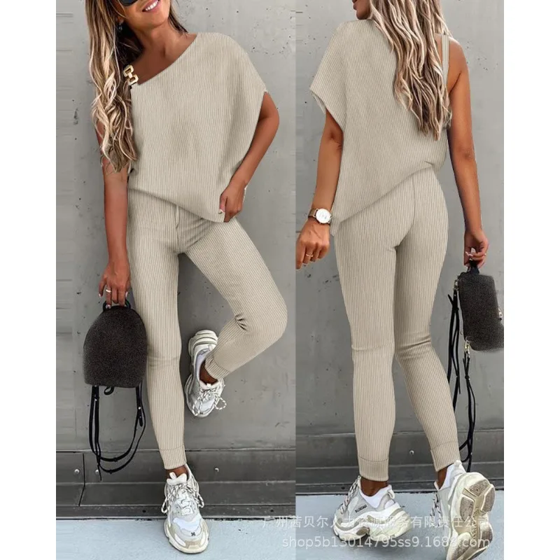 Two-Piece Pants Pack Short Sleeve Tshirt Tops Y2K Trousers Sets Metal Buckle Oblique Shoulder Tops Skinny Pencil Pants