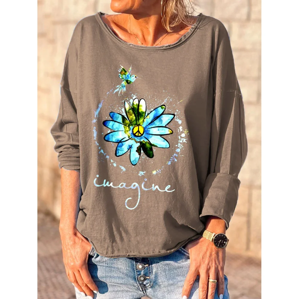 

Rheaclots Imagine Hippie Flower Printed Women's Cotton Female Cute Long Sleeves T-Shirt