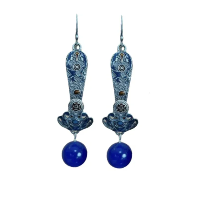 National Style Red Agate Earings 925 Silver Blue Retro Ruyi Lapis Lazuli Earrings for Women Exquisite Banquet Jewelry