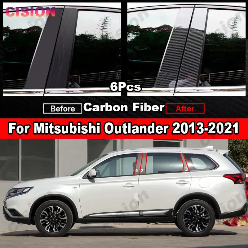 Carbon Fiber Black Car Window Door Column BC Pillar Post Cover Trim Mirror Effect PC Sticker For Mitsubishi Outlander 2013-2021