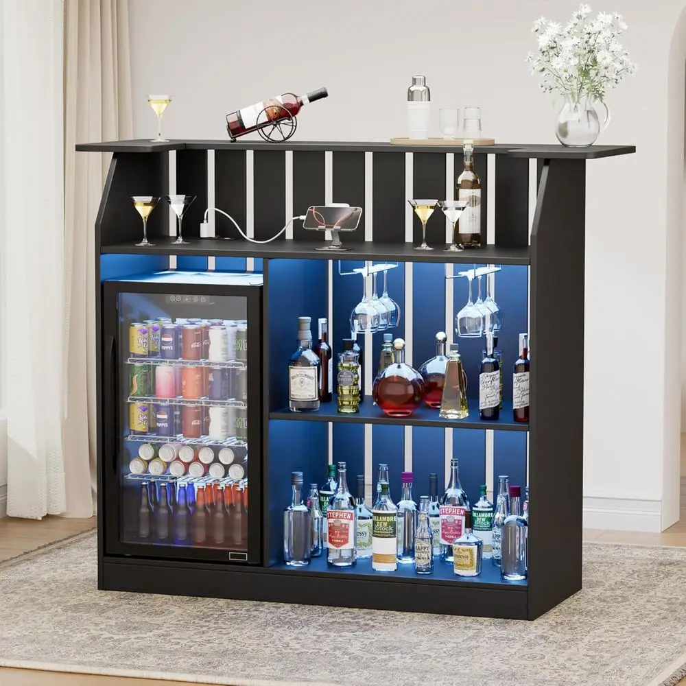 

LED-Illuminated Liquor and Wine Cabinet with Ridge Space, Power Outlet, Glass Holder, and Storage for Home Bars or Pubs