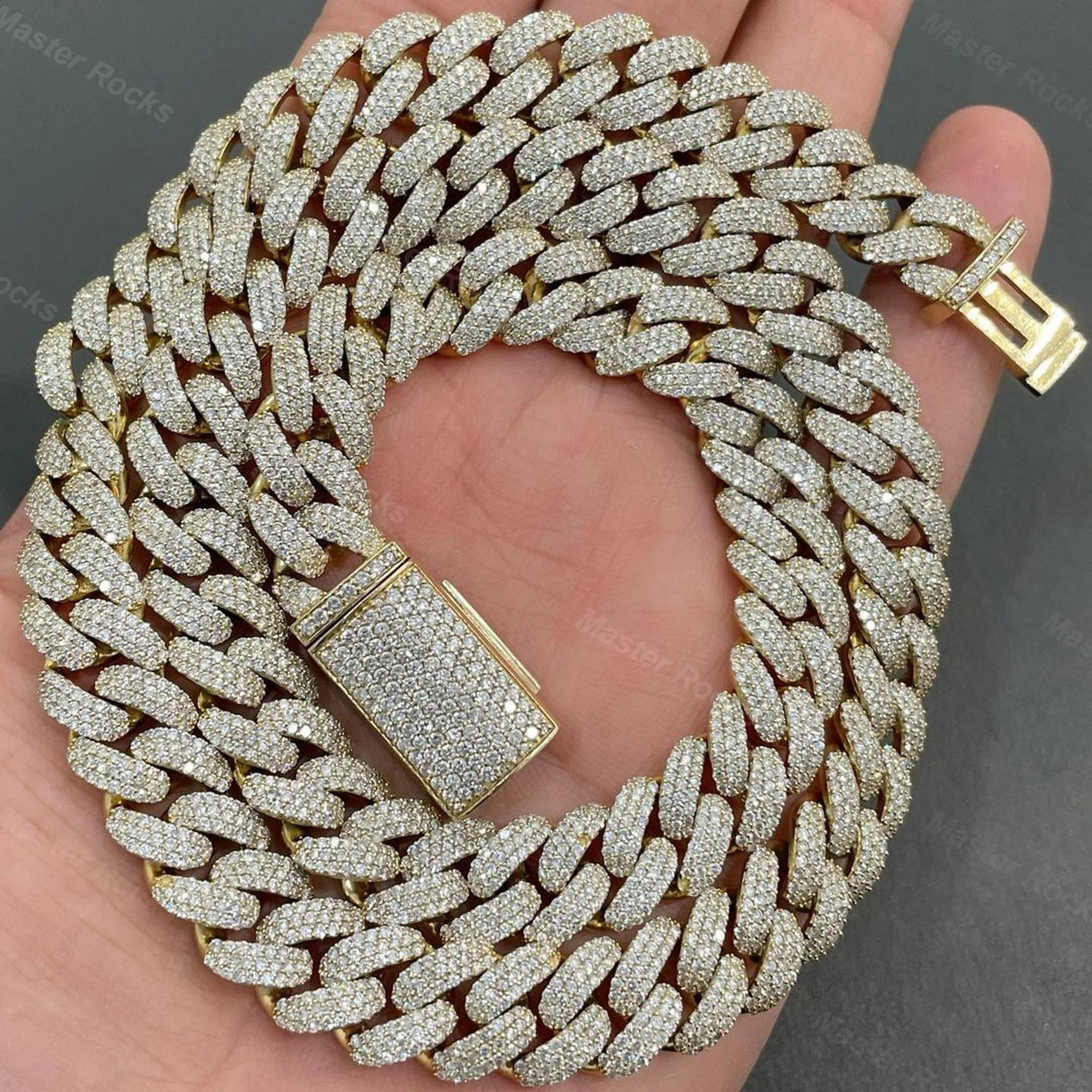 Master Rocks Heavy Cuban Chain Hip Hop Iced Out S925 Vvs Moissanite 12mm 3 Rows Miami Cuban Link Chain Gold