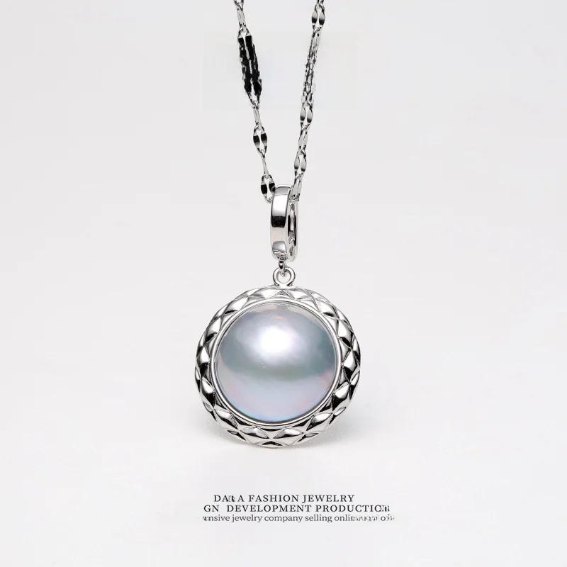 Collar con Colgante Grande de Perla Mabe Gris Platino con Cierre Universal Dara, Joyería de Perla Mabe de Agua de Mar, Collar con Forma Redonda