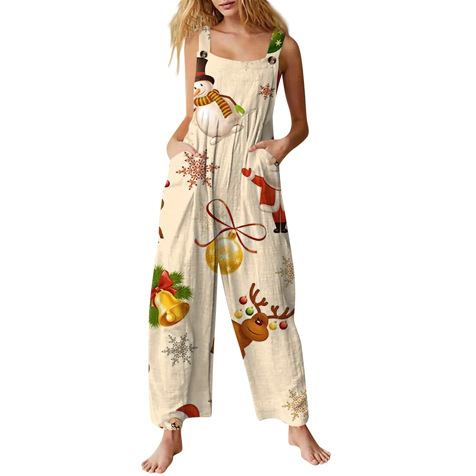 Cute Print Sleeveless Jumpsuit For Women Christmas Printed Loose Versatile Sling Rompers Wide Leg Jumpsuit With Pocket