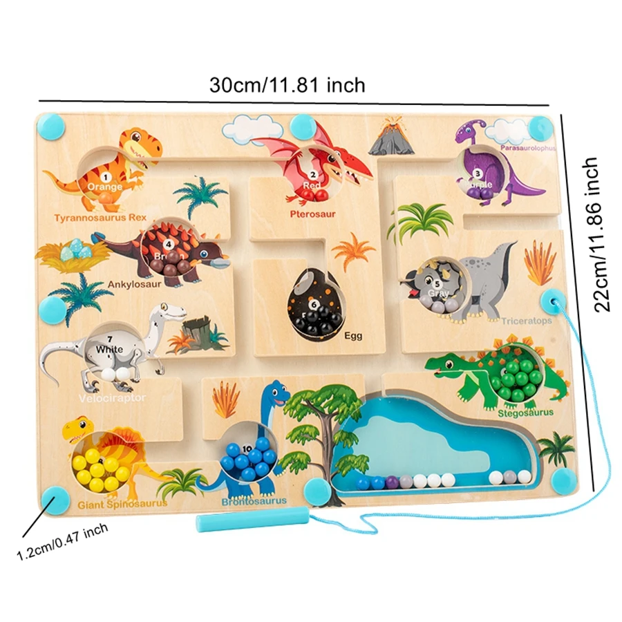 Tablero a juego de colores de estilo dinosaurio con tablero de actividades Montessori magnético, juguetes de cuentas de succión magnética de madera para niños y niñas