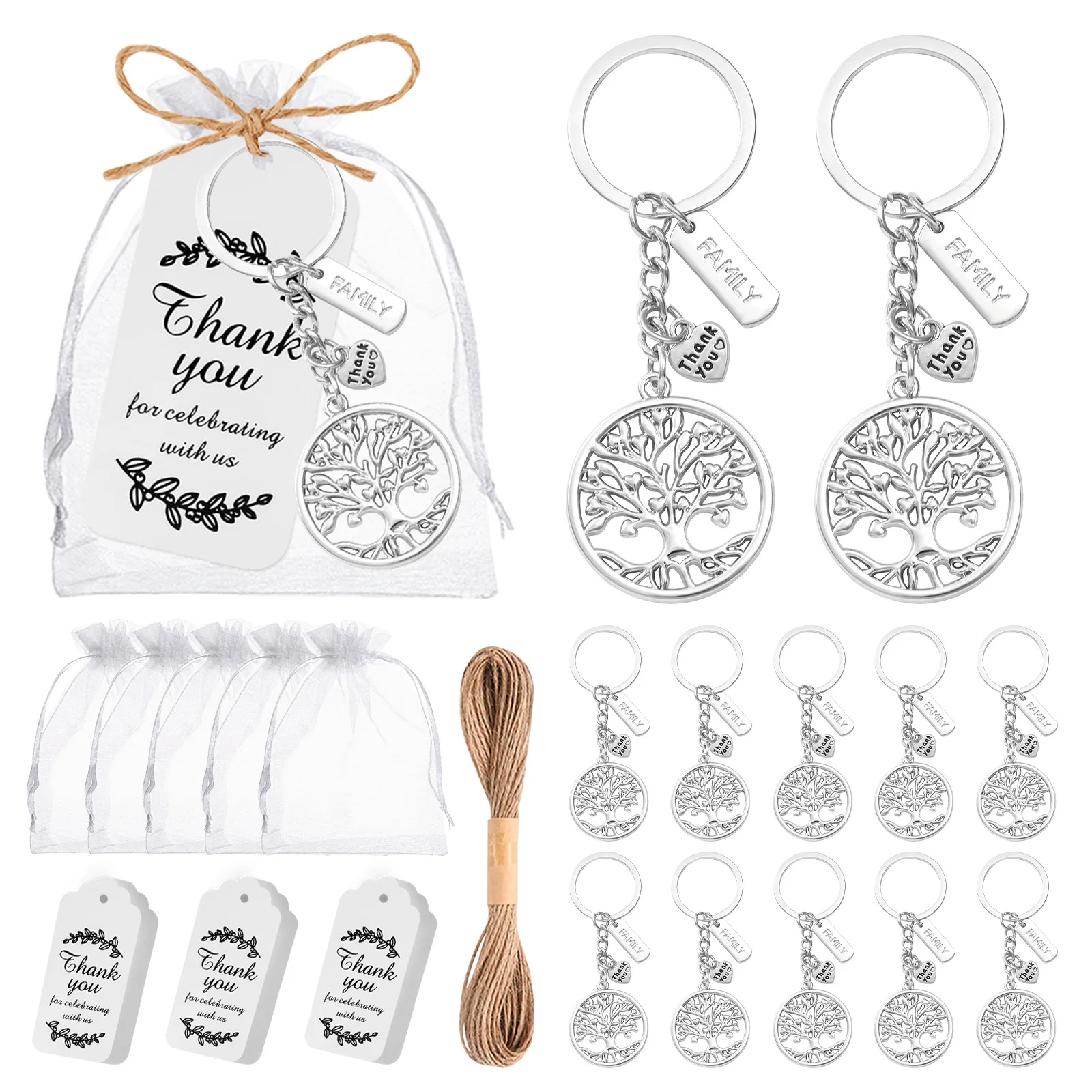 50pcs Family Tree Keychain Thank You Gift Set with Organza Pouch Tags Wedding Party Favors Silver Keychains with Thank You Tags