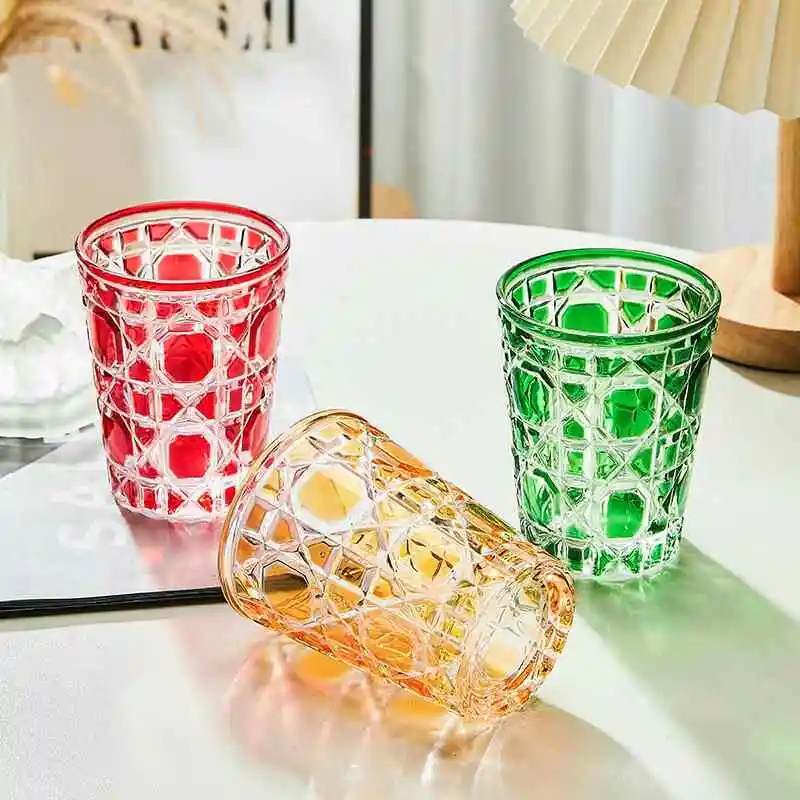 Colored Embossed Glass 310ml Vintage Lattice Diamond Pattern Water Cup for Juice Coffee Household Beautiful Exquisite Glass