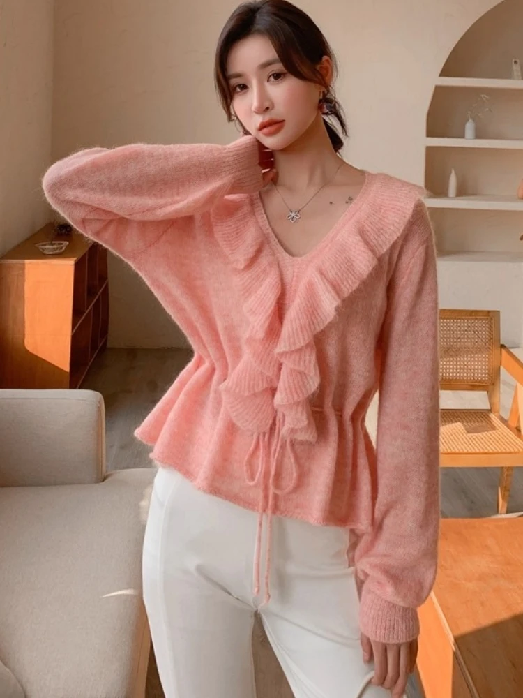 

Wool Ruffle V-Neck Pullover Women Gigot Sleeve Sweater Spring Lace Up Waisted Casual Oversize Knit Mohair Crop Tops pull femme