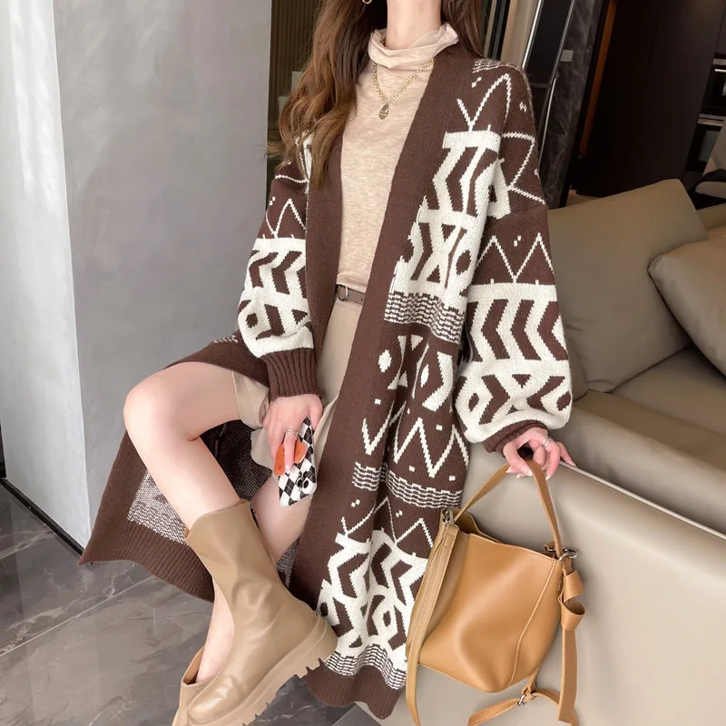 2023 Autumn/Winter New Korean Edition Sweater Coat Cardigan Over Knee Loose and Slim Retro Office Lady Comfortable Long Knit