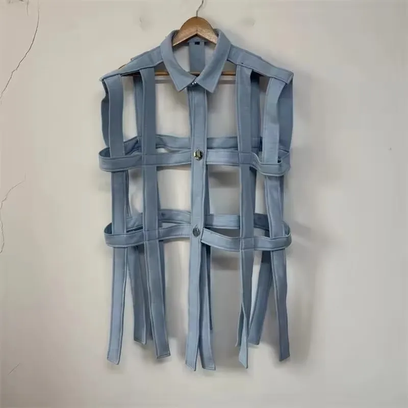 Camisas e Blusas: Tops Masculinos de Botão Único, Nova Moda 2026, Camisa Sem Mangas Personalizada, Camisa Feminina Vazada com Estilo Versátil