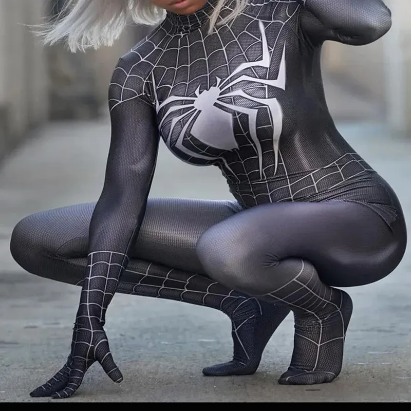 

Woman Girls Black Raimi Spiderman Cosplay Costume Venom Symbiote Suit Zentai Bodysuit Adults Kids Halloween Party Jumpsuits