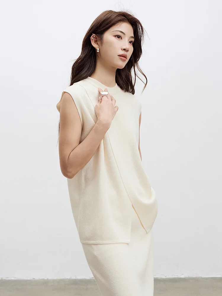 Birdtree 32.4% Sheep Wool 30.1% Acrylic Sweater,Woman Wool Blend Split Layered Design Sleeveless Autumn Knit Vest Tops T58734JF