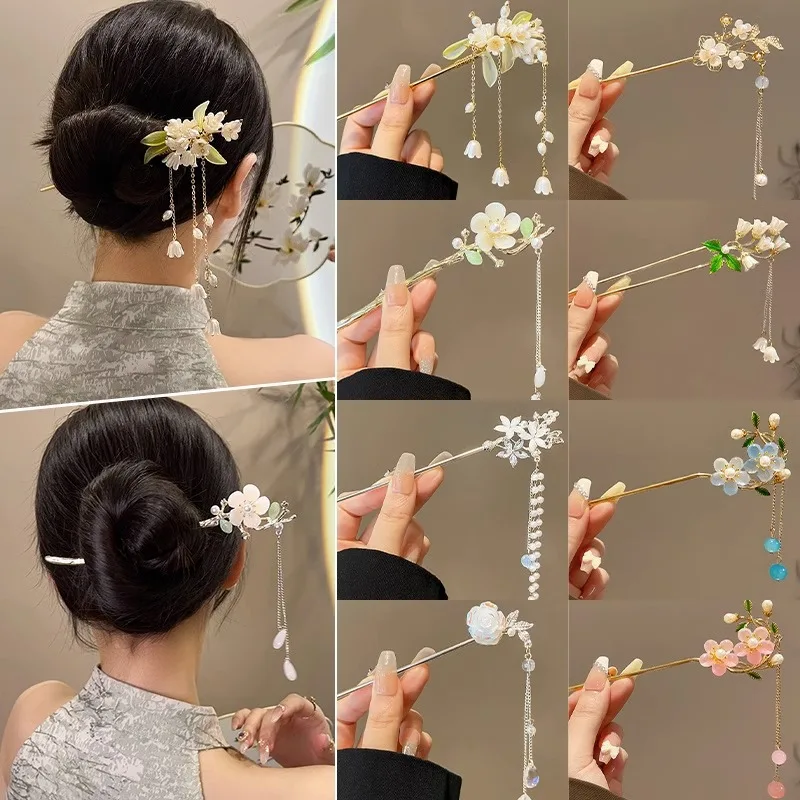 

Elegant Chinese Style Hair Accessories Vintage Spring Flower Element Hairpins Light Luxury Tassel Hair Stick For Women Girls
