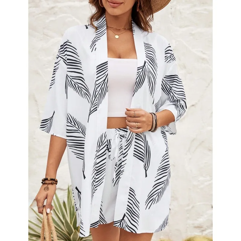 Damski zestaw wiosenno-letni: kardigan, szorty, nadruk, retro, prosty, wygodny, luźny, casualowy, modny, ekskluzywny, miękki, niszowy, dopasowany.