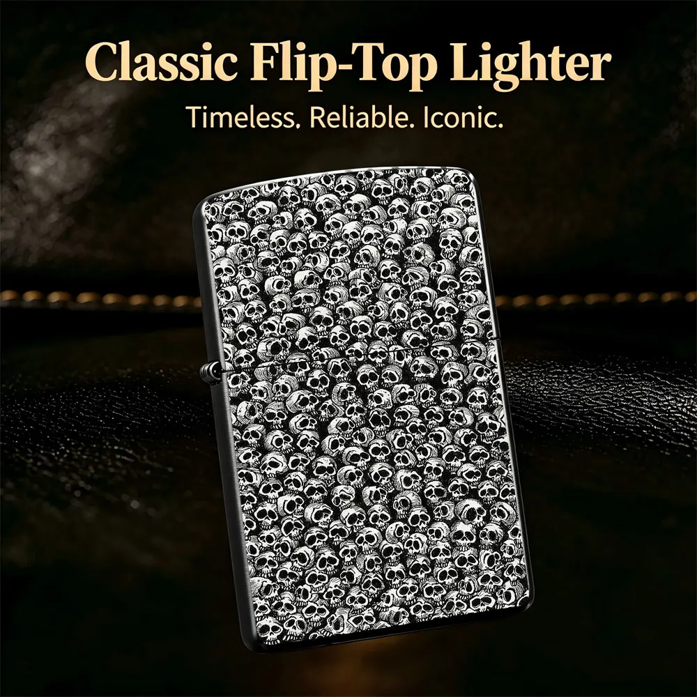 Pocket Lighter, Flip-Top Windproof Design, Metal Case, Skull Print Pattern, Comfortable Grip, Portable & Durable for Daily Use