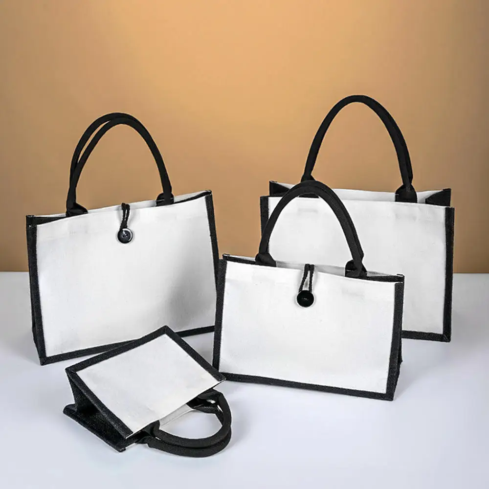 Black/White Jute Tote Bags Women Shopping Handbag Burlap Bag with Soft Handle Bridesmaid Wedding Party Favors Gift Organizer