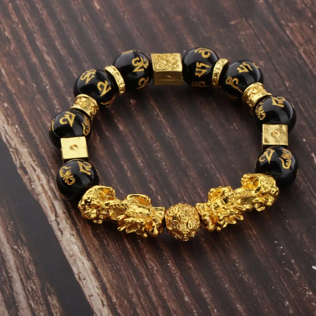 Pixiu Lucky Brave Troop Charm Natural Stone Black Agate Bracelet