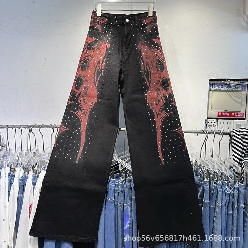 

Уличная одежда, светло-голубые джинсы для женщин, граффити, горячие сверления, модные длинные брюки, брюки длиной до пола с высокой талией