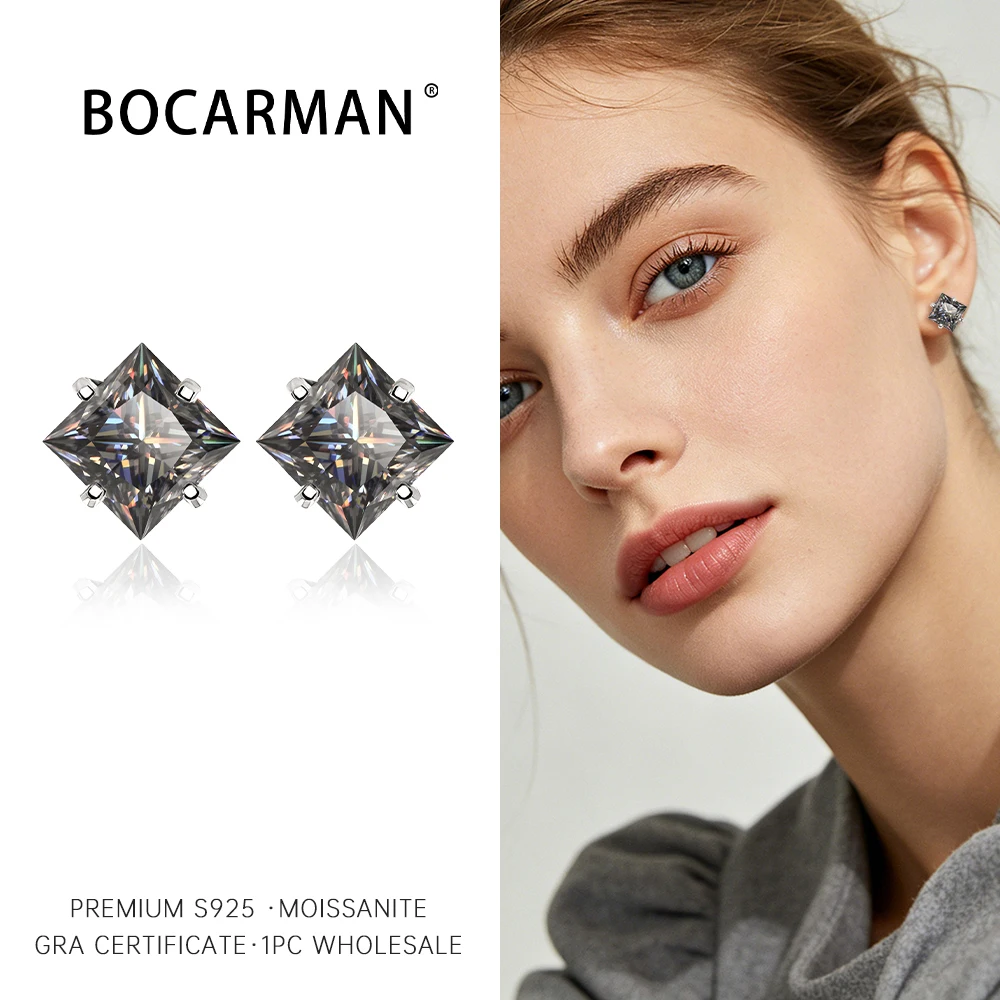 Bocarman Princess Cut Green Moissanite Stud Earrings S925 Silver Claw Set 1.2CT 3CT Fine Jewelry for Women